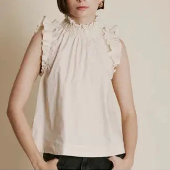 NWT AUREUM women's sleeveless ruffle neck and sleeve top medium, oyster - Picture 1 of 4